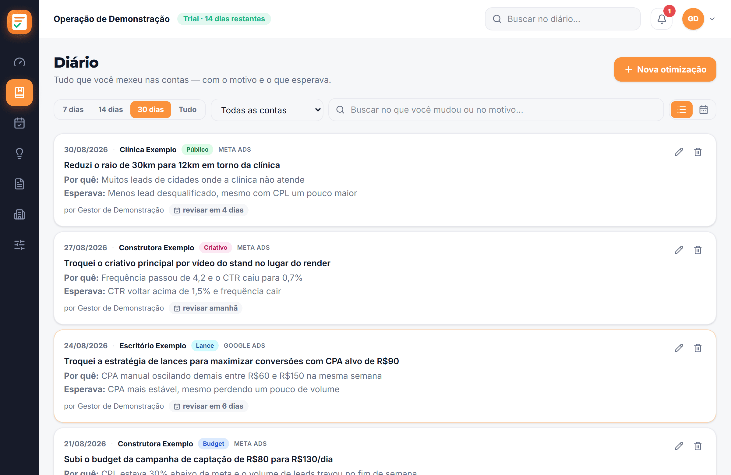 O diário do DiárioAds: lista de otimizações com data, conta, o que mudou, o motivo e o resultado esperado
